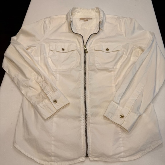 Michael Kors white full zip collared long sleeve top small stretch cotton Sz M - Picture 9 of 11